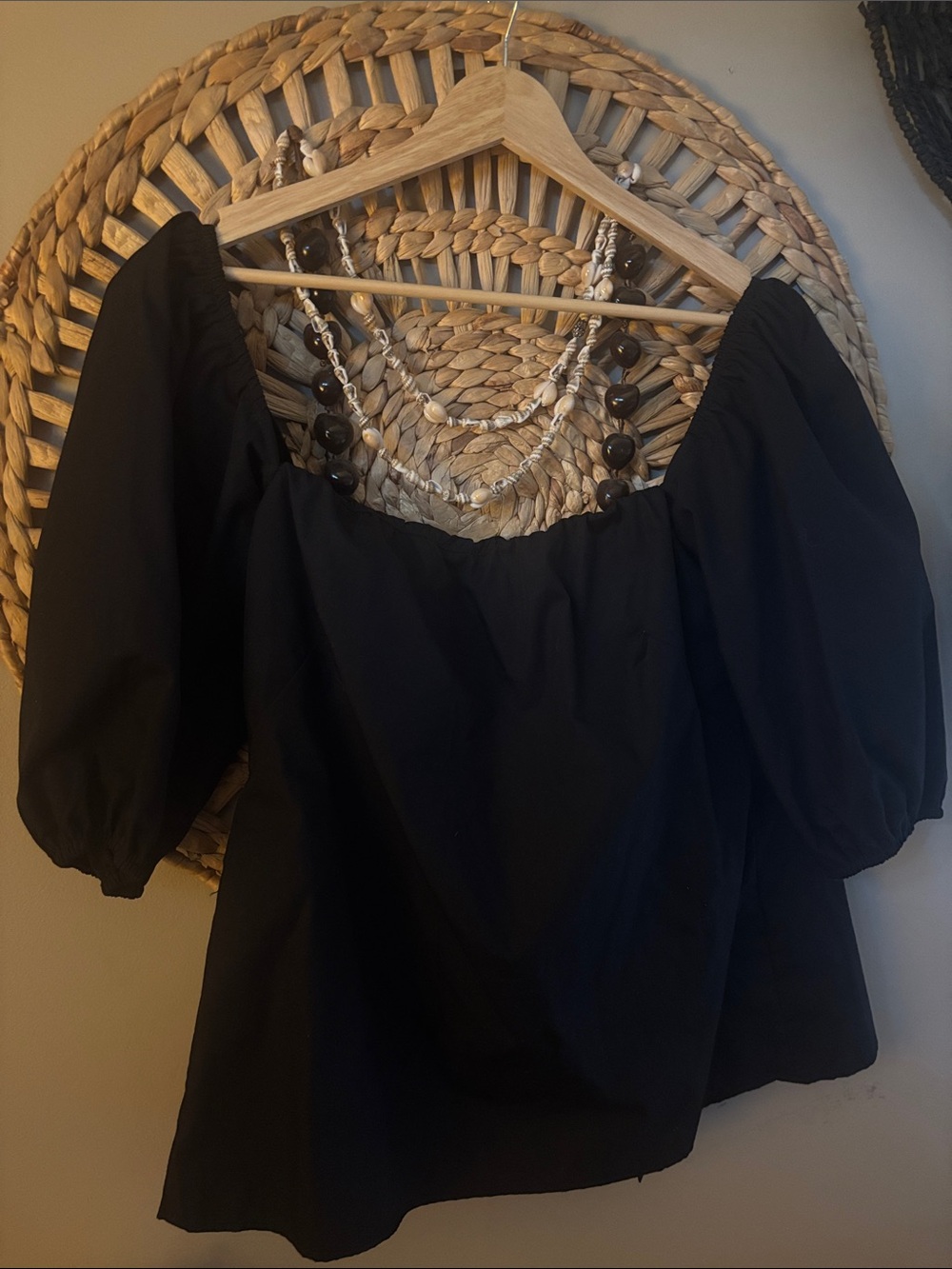 KMJ (Kate McHale Jensen) Black Off-Shoulder Puff-Sleeve Women's Top
